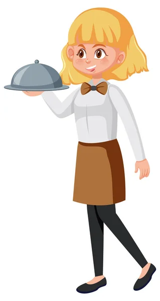 Młoda Kelnerka Serwująca Jedzenie Białe Tło Ilustracja — Wektor stockowy