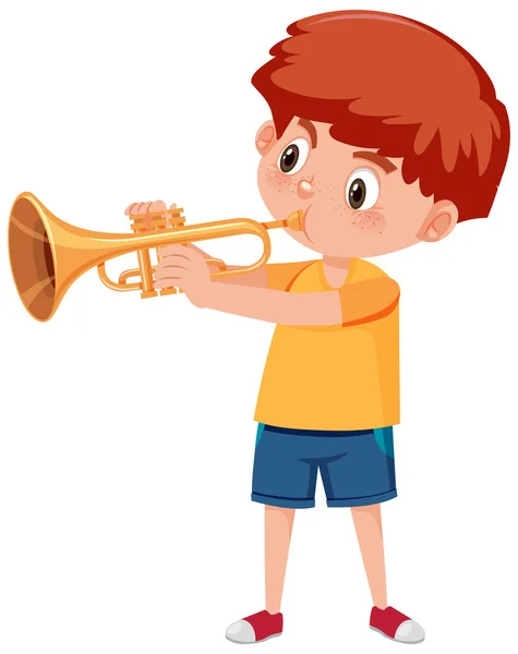 Aranyos Fiú Játszik Trombita Illusztráció — Stock Vector