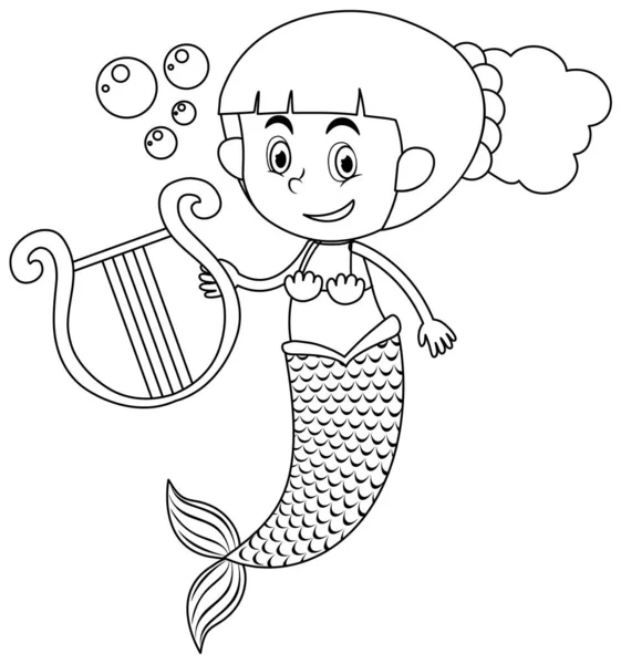 Sereia Jogar Harpa Preto Branco Doodle Personagem Ilustração — Vetor de Stock