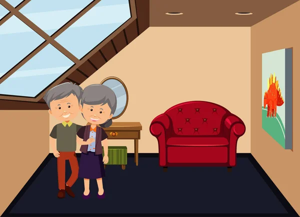 Garret Escena Habitación Con Una Pareja Ancianos Amor Ilustración — Vector de stock