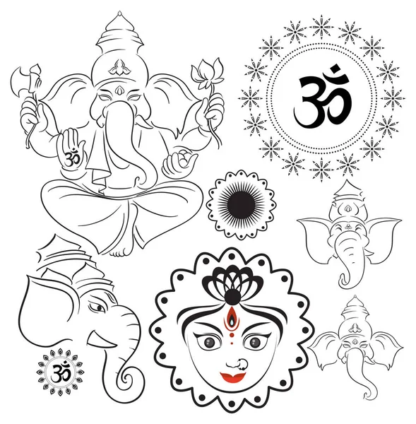 Indiska Gud Set Med Olika Elefant Huvuden Illustration — Stock vektor