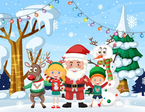 Weihnachtsmann Feiert Weihnachten Mit Kindern Illustration — Stockvektor