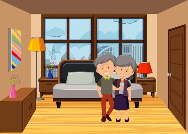 Escena Del Dormitorio Con Una Ilustración Personajes Pareja Edad — Vector de stock