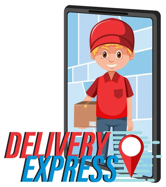 Delivery Express Logo Mit Kurier Zeichentrickfigur Illustration — Stockvektor