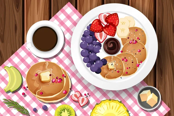 Cibo Vista Dall Alto Pancake Con Caffè Tovaglietta Tavola Illustrazione — Vettoriale Stock