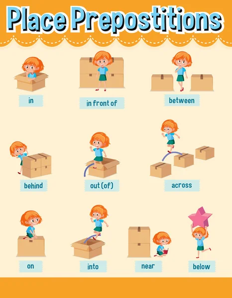 Preposition Wordcard Κορίτσι Και Κουτί Εικονογράφηση — Διανυσματικό Αρχείο