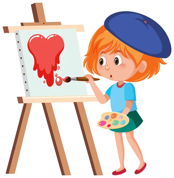 Uma Menina Pintando Coração Vermelho Tela Quadro Ilustração —  Vetores de Stock