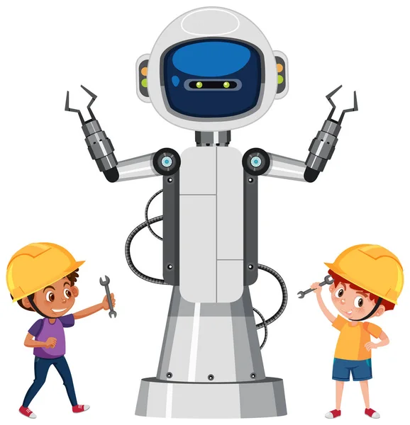 Αγόρια Που Διορθώνουν Μια Απεικόνιση Ρομπότ — Διανυσματικό Αρχείο