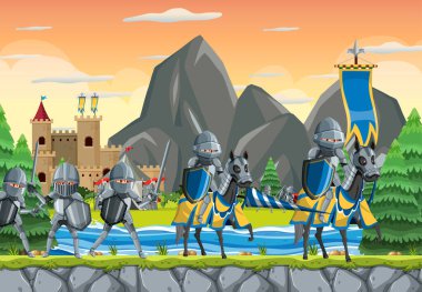 Zırhlı şövalyelerin resimli olduğu ortaçağ açık hava sahnesi