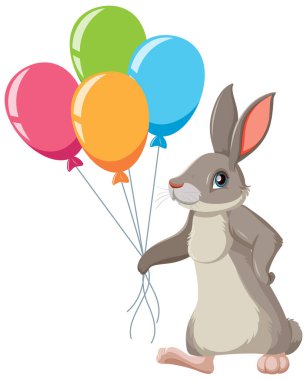 Sevimli tavşan renkli balonlar tutuyor.