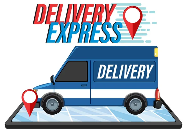 Delivery Express Wortmarke Mit Kastenwagen Und Location Pin Illustration — Stockvektor