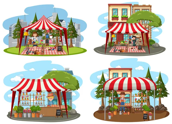 Flea Market Concept Set Different Stores Illustration — Stock Vector