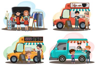 Farklı araba çizme resimleriyle bit pazarı konsepti