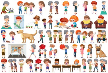 Çizgi film stili illüstrasyonunda farklı aktiviteler yapan insanlar