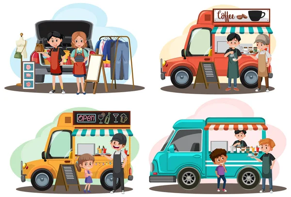 Farklı araba çizme resimleriyle bit pazarı konsepti