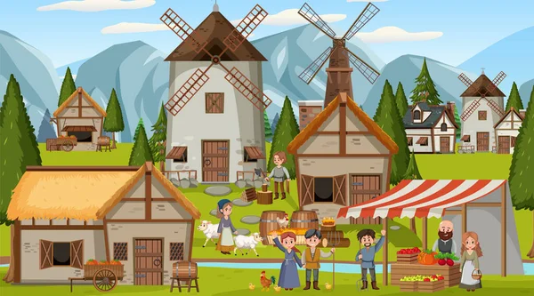 Medieval Town Scene Villagers Market Illustration — Stock Vector