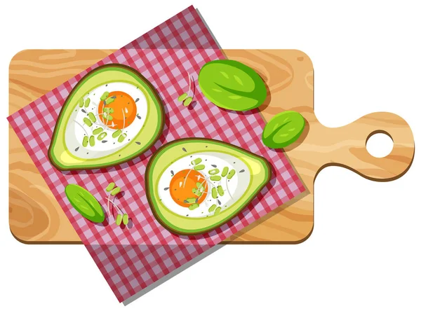 Top View Food Creamy Avocado Egg Bake Placemat Wood Plate — Stock Vector