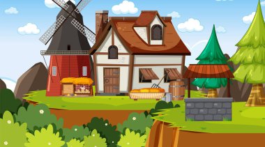 Köylülerin resimli olduğu ortaçağ kasaba sahnesi