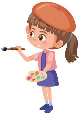Boya fırçası ve boya paleti çizimi olan tatlı bir kız.