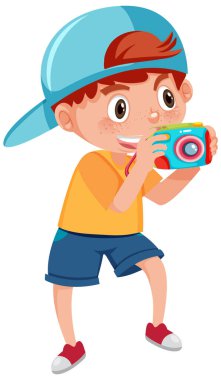 Fotoğraf makinesiyle resim çeken mutlu çocuk.