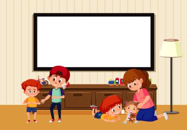 Oda sahnesinde aile üyelerinin resimleriyle birlikte boş tahta