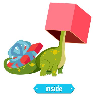 Dinozor içerisindeki kutu resimlemesi ile Ek Kelime Kartı Tasarımı