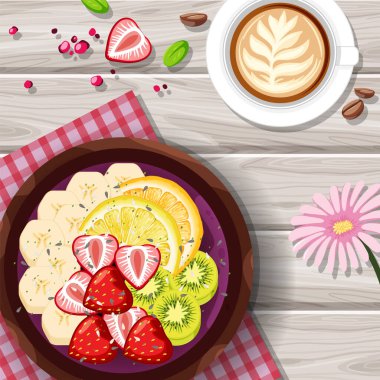 Üst Manzara Acai yemek kasesi ve ahşap masa illüstrasyonunda yer.