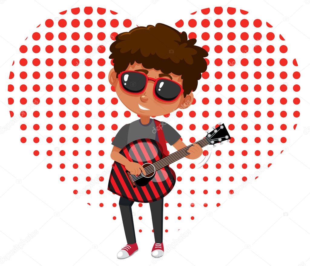 A boy wearing sunglasses playing his guitar  illustration
