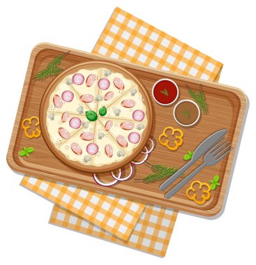 Tahta tepside peynirli pizzanın en iyi görüntüsü.