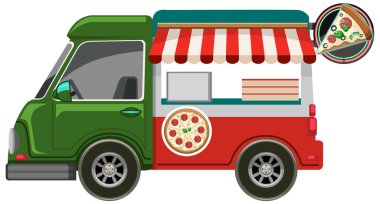Beyaz arka planda şirin bir pizza kamyonu.
