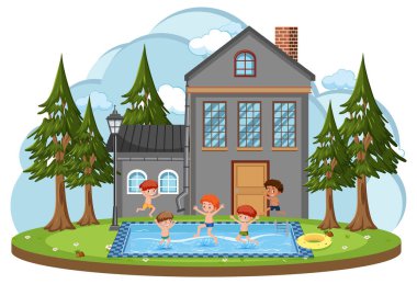 Havuzda yüzen çocuklarla birlikte evin önünde.