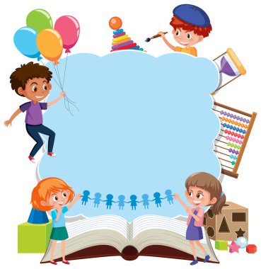 Beyaz arkaplan resimlemesindeki çocuklarla sınır şablonu