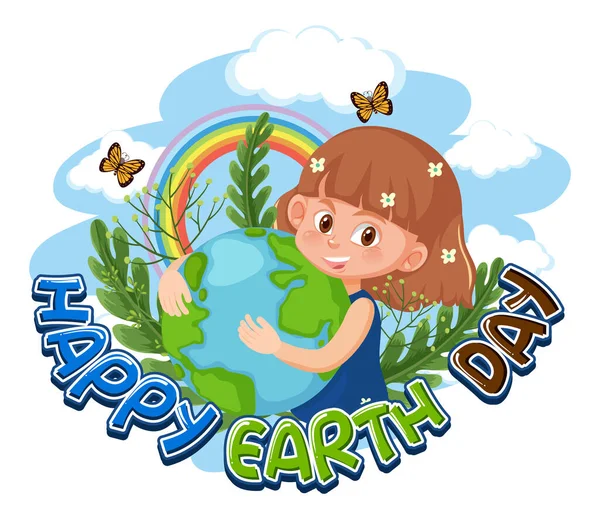 Dziewczyna Przytulanie Ziemi Globus Happy Earth Day Typografia Projekt Ilustracja — Wektor stockowy