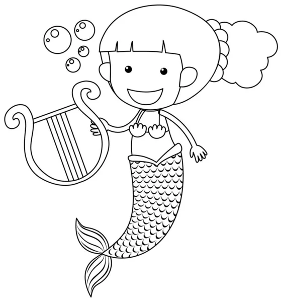 Sereia Jogar Harpa Preto Branco Doodle Personagem Ilustração — Vetor de Stock
