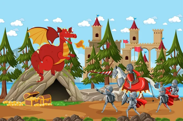 Средневековые Воины Сражаются Древней Иллюстрацией Дракона — стоковый вектор