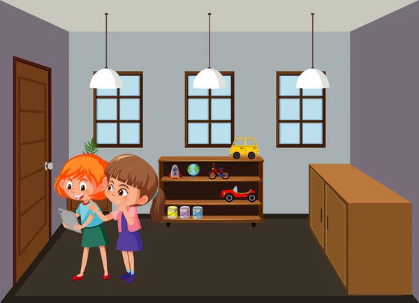 Wohnzimmerszene Mit Familienmitgliedern Cartoon Stil — Stockvektor