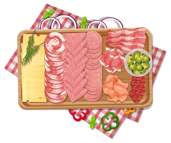 Vista Superiore Carne Pranzo Vassoio Legno Illustrazione — Vettoriale Stock