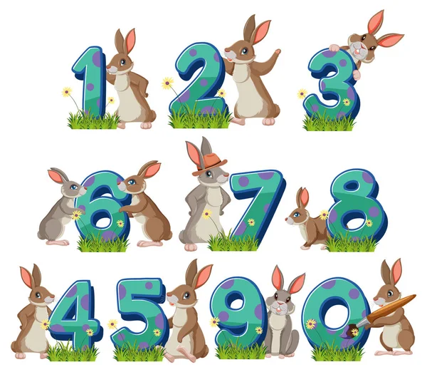 Beyaz Arkaplanda Izole Edilmiş Sayıları Tutan Bir Grup Farklı Tavşan — Stok Vektör
