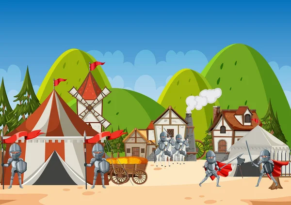 Illustration Der Mittelalterlichen Armeelagerszene — Stockvektor