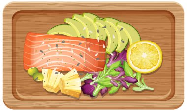 Ahşap tepside somon bifteğinin en üst görüntüsü.