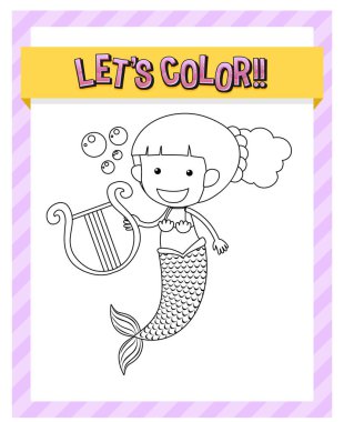 Renkli metin ve deniz kızı tasviri ile çalışma kağıtları şablonu