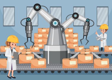 Montaj hattı robotlarıyla otomasyon endüstrisi kavramı