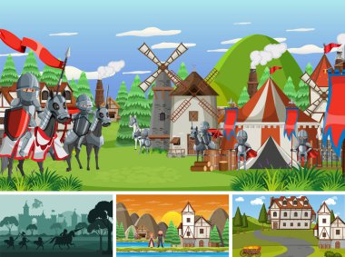 Siluet resimli farklı ortaçağ sahneleri.