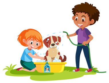 Şirin köpek, küçük kız ve oğlanla banyo yapıyor.