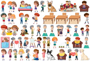 Çizgi film stili illüstrasyonunda farklı aktiviteler yapan insanlar