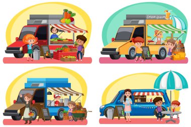 Farklı yemek kamyonları resimleriyle bit pazarı konsepti