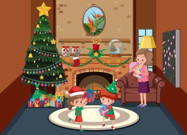 Noel için dekore edilmiş oturma odası aile üyelerinin resimleriyle dolu.