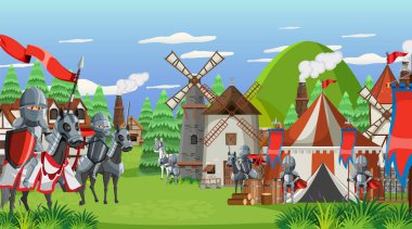 Köylülerin resimli olduğu ortaçağ kasaba sahnesi