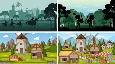 Siluet resimli farklı ortaçağ sahneleri.