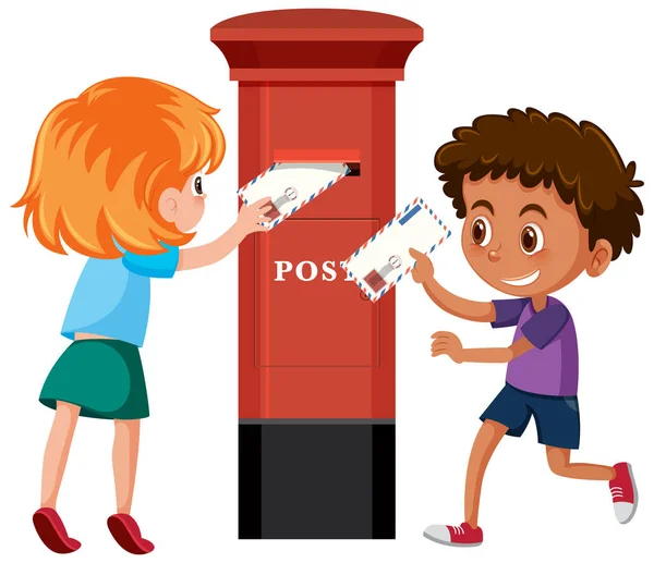 快乐的孩子和白色背景图上的邮筒 — 图库矢量图片